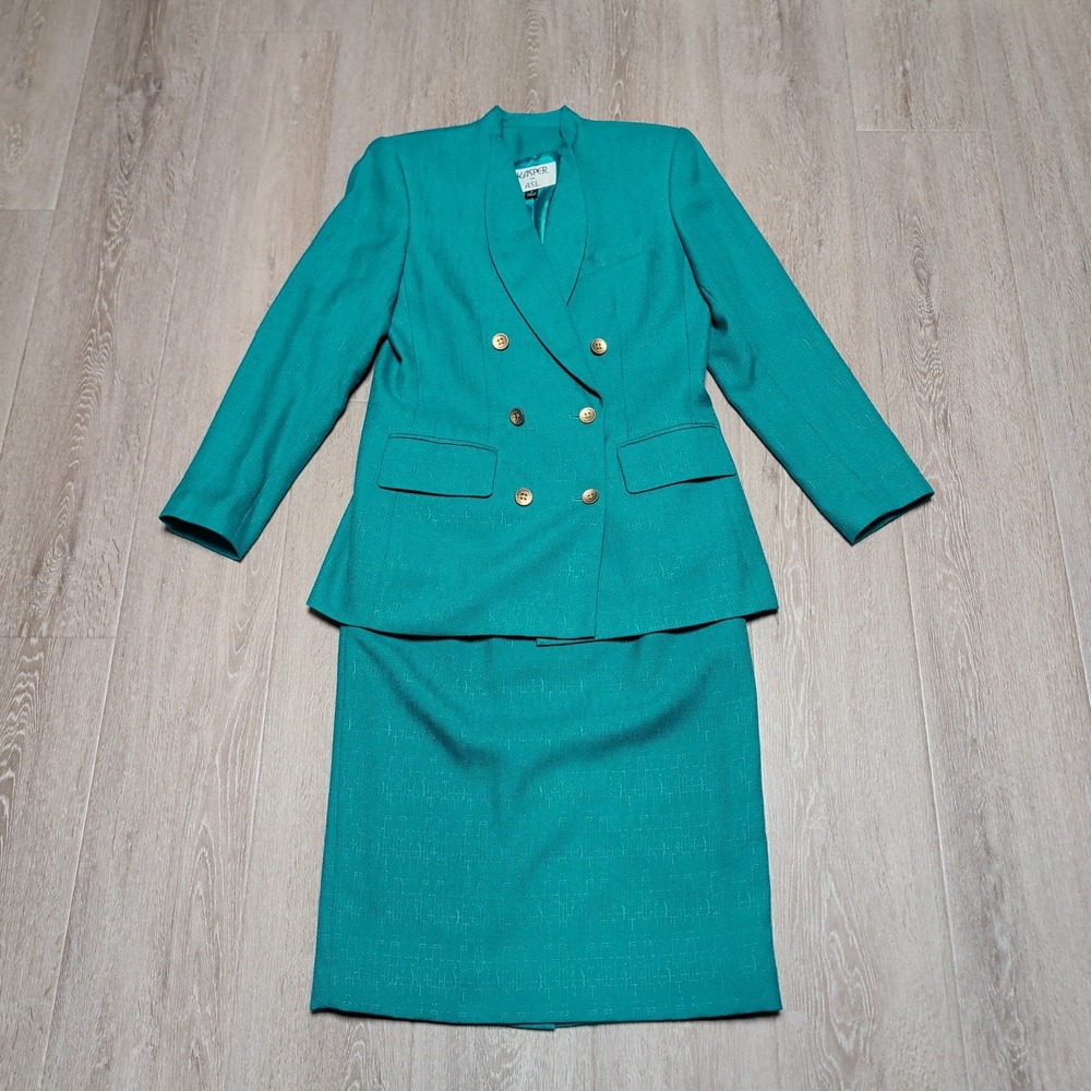 Vintage Kasper ASL Teal Green Double Breasted Skirt Suit Set Gold Buttons Size 4
